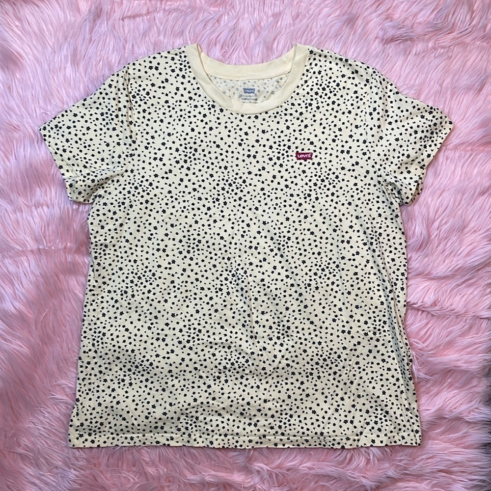 Levi's Perfect Crew Floral T-Shirt Women Small Short Sleeve Logo Yellow Black